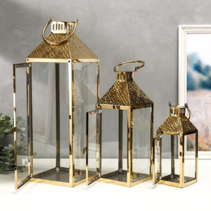 Lot de 3 lanternes à bougie en métal doré en acier inoxydable décoratif spécial Ramadan avec lanterne à bougie design martelée au dernier étage - Product Image 1