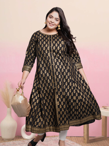 Anarkali kurta en coton noir à imprimé doré, tissu doux et confortable, tenue élégante et festive, style pour femmes, look indien et traditionnel - Product Image 3