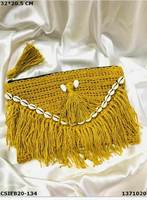 Pochette Bohème Faite Main en Jute à Franges avec Détail Coquillage – Sac de Plage Tropique Unisexe à Pompons, Sac à Main Designer Durable avec Perles et Fermeture Éclair