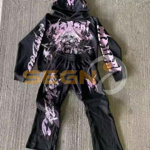 Sun Faded Joggers Distressed Men Faded Acid Sun Wash Set Pantalones de chándal bordados DTG Logo Hoodie Sweatsuit Pantalones acampanados Chándal - Product Image 6