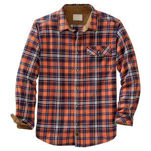 Best Supplier Wholesale Corduroy Collar Cuffs Orange Gray Contrast Plaid Flannel Shirt