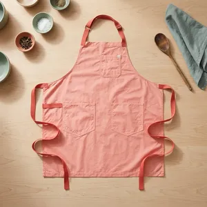 Coral Sleeveless Bib <b>Apron</b> with Three Pockets Machine Washable Eco-Friendly for <b>Cooking</b> Daily Use Classic Style Woven Cotton - Product Image 1