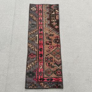 Turkish Small Rug, 1x2.9 ft Vintage Rug, <b>Brown</b> Ikat <b>Wool</b> Rug - Product Image 1