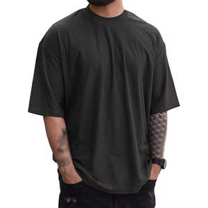 T-shirt streetwear oversize à épaules tombantes 100% coton pour hommes, impression de logo personnalisé, col côtelé vierge, logo personnalisable solide - Product Image 3