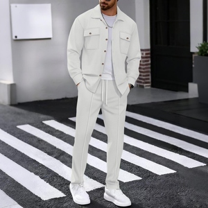 Men’s Waffle Knit Two-Piece Set European & American Style Autumn Outfit <b>Long</b> Sleeve <b>Cardigan</b> & Pants, Solid Color Workwear with - Product Image 6
