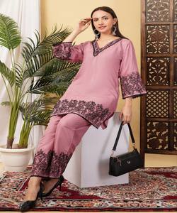 Ensemble coordonné en coton slub brodé FANCY TESLA, vêtement ethnique multicolore de luxe à séchage rapide, pour usage quotidien, prix de gros - Product Image 2