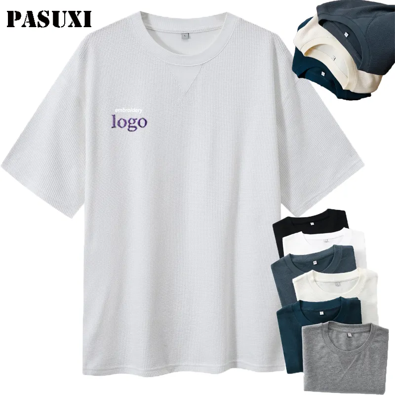 PASUXI最新カスタマイズロゴ半袖Tシャツメンズルーズソリッドカラーヘビーウェイトワッフル半袖