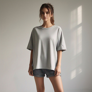 Camiseta de hombro caído para mujer, camiseta de verano de manga corta con cuello redondo, camiseta de gran tamaño de poliéster y algodón 100% para mujer - Product Image 1