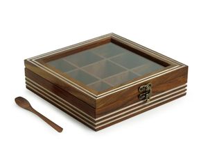 Boîte à épices carrée gravée à la main avec cuillère en bois de Sesham 9 conteneurs Boîte à épices avec cuillère Décoration de cuisine - Product Image 4