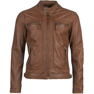 Veste en cuir de motard marron premium, veste bomber en cuir de moto marron classique asymétrique avec ceinture, veste authentique pour homme - Product Image 2
