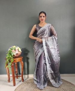 Wedding Saree with Floral Lace, Velvet, and <b>Organza</b> Details - Product Image 4