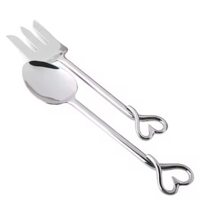 New Design <b>Heart</b> Shaped Handle Flatware Set of 2 Polished Tone Stainless Steel Salad Servers with Spoons and Forks - Product Image 1