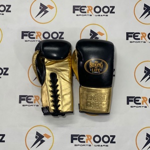 ถุงมือชกมวยแบบสั่งทำพิเศษสีดำทอง No Boxing No Life  แบบผูกเชือก ปรับขนาดได้ ทำจากหนังวัวแท้ สำหรับคิกบ็อกซิ่ง - Product Image 1