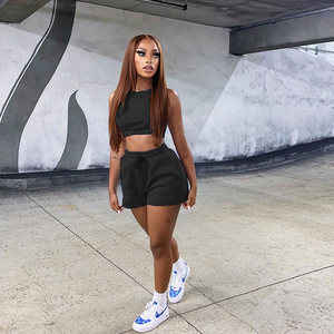 Women workout two piece set <b>crop</b> tank <b>top</b> and shorts custom logo printed fitness activewear gym sportswear wholesale - Product Image 3