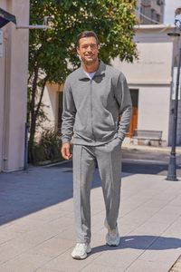 Light Grey Printed Textile <b>Men's</b> Casual Sweat Suit 2 Piece Athletic Full Zip Tracksuit Jacquard Jogging Set <b>Jackets</b> Pants 100% - Product Image 3