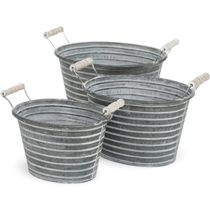 Striped Oval Galvanized Metal Tubs With <b>Wooden</b> Handles Rustic Farmhouse <b>Planter</b> Set For Home Decor & <b>Garden</b> Use - Product Image 1