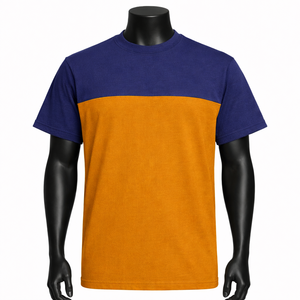 Camiseta de Hombre con Bloques de Color, Manga Corta, Cuello Redondo, Tejido de Punto, Corte Regular, Estilo Casual, Naranja Sólido y Azul Marino - Product Image 1