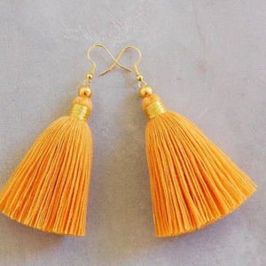 Mustard Yellow Tassel <b>Earrings</b> with Gold or <b>Silver</b> Binding Fringe Tassel <b>Earrings</b> - Gold - <b>Long</b> - Product Image 1