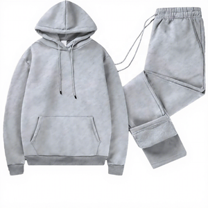 Ensemble de survêtement unisexe gris uni à capuche 100 % coton, sweat-shirt et pantalon de survêtement décontractés, coupe ample longue, pour l'automne - Product Image 1