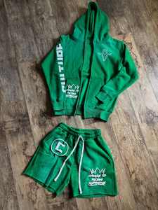 Ensemble survêtements zippés personnalisés délavés à l'acide veste et short vintage respirant avec jogging en strass imprimé DTG court - Product Image 2