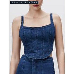 Paola Riboni Camiseta sin mangas de mezclilla para mujer, cuello cuadrado, sin mangas, informal de verano, elástica, color liso, lavada - Product Image 1