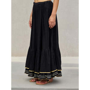 Black Mulmul Gota <b>Skirt</b> <b>with</b> <b>Elastic</b> <b>Waist</b> Breathable Corduroy Formal Work Style - Product Image 1