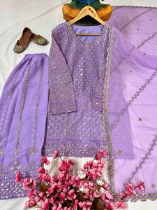 Tenue de fête de créateur pakistanais violet Salwar Kameez avec Dupatta pour femme, costume Sharara, haut-palazzo, costume ethnique indien - Product Image 2