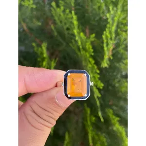 925 Silver Natural Fire <b>Opal</b> <b>Ring</b> Emerald Cut Diamond Dainty Cute Fine Jewelry Gemstone Yellow <b>Gold</b> Setting for Everyday Wear - Product Image 1