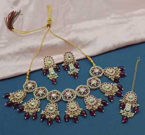 Nuevo diseño de lujo chapado en oro tradicional Motipearl & Drop Kundan tachonado gargantilla collar pendiente Mangtika conjunto y conjunto de joyería - Product Image 4