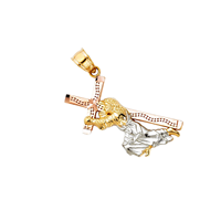 Exquis pendentif classique chrétien en alliage de cuivre fantaisie pour enfants, plaqué or tricolore 14 carats, avec Jésus portant la croix et crucifix, orné de zircon