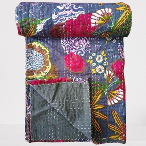 Manta con estampado de frutas Kantha hecha a mano india, ropa de cama doble Bohemia, edredones Kantha, colcha Hippie para decoración de habitación - Product Image 1