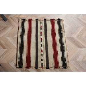 Turkish Vintage Kilim Rug 2.4x2.5 ft, <b>Red</b> Small Striped <b>Wool</b> Rug - Product Image 5