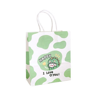 Sacs en papier cadeau imprimés d'animaux mignons avec des motifs de vache, de chat et d'ours-Emballage écologique pour les enfants et les fêtes (vert) - Product Image 1