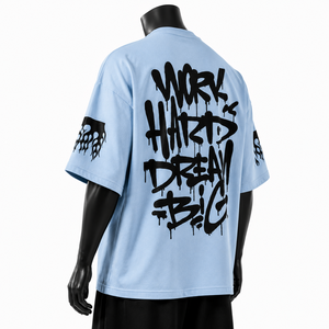 เสื้อยืดโอเวอร์ไซส์สีฟ้าอ่อนสำหรับผู้ชาย แขนสั้น คอกลม สไตล์สตรีท ผ้าคอตตอนเจอร์ซีย์ พิมพ์ลายกราฟิก - Product Image 5