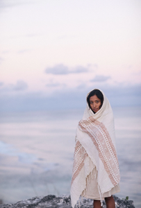 Soft Khadi Cotton Handloom Tribal Scarf Handblock Printed Long <b>Stole</b> Sarong Pareo Lungi in White - Product Image 4