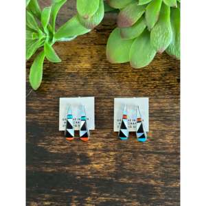 Zuni Handcrafted Geometric Multi Stone & <b>Sterling</b> <b>Silver</b> Post <b>Dangle</b> <b>Earrings</b> - Product Image 1