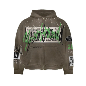 Sudadera con capucha con cremallera y diamantes de imitación de peso pesado desgastada con lavado ácido recortado y bordado de corte y costura de bloque de color personalizado Servicios OEM - Product Image 5