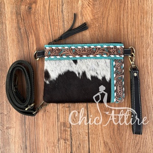 กระเป๋าหนังสะพายข้างเป็นพู่ขนาดเล็กสำหรับผู้หญิง, กระเป๋าหนังแท้แบบตะวันตกมีสายคล้องข้อมือกระเป๋าถือหนังวัวสีเทอร์ควอยซ์ - Product Image 1