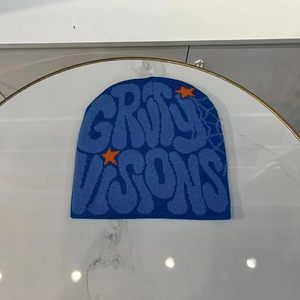 Bleu Jacquard tricot bonnet chapeau Orange étoile lettre graphique Logo personnalisé conception Y2K 3D broderie hiver chaud acrylique mode casquette - Product Image 2