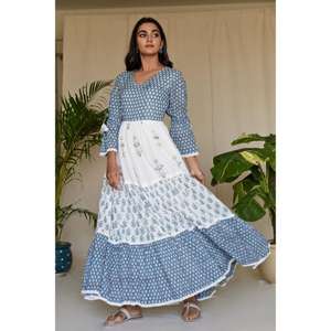 Women's <b>Linen</b> Long <b>Maxi</b> <b>Dress</b> Block-Printed V-Neck with Multi-Gathered Details Long Sleeve - Product Image 1