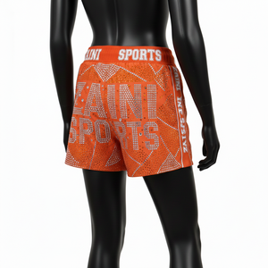 Pantalones Cortos de Natación de Lujo de Nailon 180GSM con Pedrería Naranja Hotfix, Cintura Jacquard Personalizada y Paneles Laterales con Rayas - Product Image 5