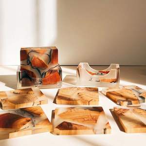 Dessous de verre carrés en bois de résine époxy haute qualité, logo personnalisé, cadeau d'affaires, ensemble de verres de table pour tasse à thé, vente en gros de sous-verres gratuits - Product Image 1