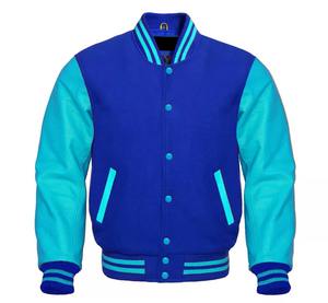 Premium Men's Letterman Baseball Varsity Bomber Jacket <b>Canvas</b> Hooded Windproof Winter Grey Wool Sea <b>Blue</b> Genuine Leather Sleeves - Product Image 4