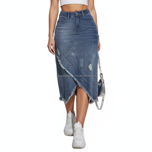 Jupe en jean asymétrique déchirée et délavée pour femme, nouvelle collection, coupe mi-longue, ourlet brut, style sexy - Product Image 1