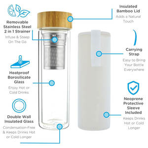 Ekocian Bouteille d'eau en verre avec infuseur à thé Gobelet de voyage à double paroi en borosilicate avec couvercle en bambou <span class=keywords><strong>Navaris</strong></span> - Product Image 4