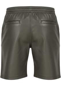 Mens Casual Elastic Waist Genuine <b>Leather</b> Look <b>Shorts</b> Solid Color Mid Length Streetwear Bottoms - Product Image 3