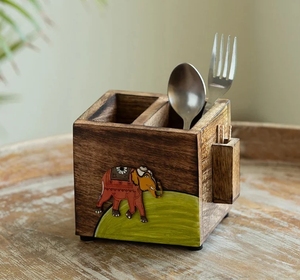 Elephant Tales Papelería y soporte para cubiertos con soporte para palillos 3 particiones Mango Madera pintada a mano Utensilio de madera Caddy - Product Image 2