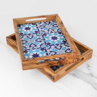 Plateau de service rectangulaire tendance en céramique ArtisRaw personnalisable avec logo sur mesure, en bois d'olivier, 12,59x8,66 pouces, chic pour table basse ou ottoman