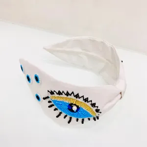 High Quality Fashion Hair Accessories Fabric & Seed Glass Beads Made Evil Eye Look Turban Style Headbands Hair Bands