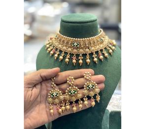 Ethnic Premium Quality Real Look <b>Gold</b> Plated Necklace <b>Set</b> With <b>Earrings</b> Tikka for Wedding Festival Wear Collection For Women - Product Image 1